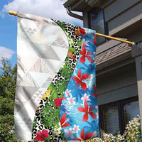 Hawaiian Tropical Flowers and Leaves Garden Flag on Leopard Pattern Half Style White-Blue Version - Polynesian Pride