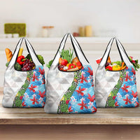Hawaiian Tropical Flowers and Leaves Grocery Bag on Leopard Pattern Half Style White-Blue Version - Polynesian Pride
