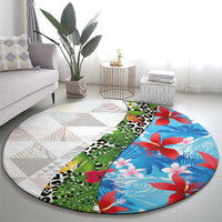 Hawaiian Tropical Flowers and Leaves Round Carpet on Leopard Pattern Half Style White-Blue Version - Polynesian Pride