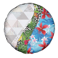 Hawaiian Tropical Flowers and Leaves Spare Tire Cover on Leopard Pattern Half Style White-Blue Version - Polynesian Pride
