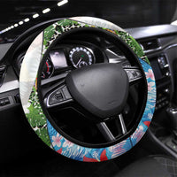 Hawaiian Tropical Flowers and Leaves Steering Wheel Cover on Leopard Pattern Half Style White-Blue Version - Polynesian Pride