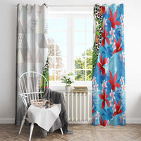 Hawaiian Tropical Flowers and Leaves Window Curtain on Leopard Pattern Half Style White-Blue Version - Polynesian Pride