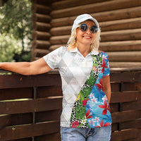 Hawaiian Tropical Flowers and Leaves Women Polo Shirt on Leopard Pattern Half Style White-Blue Version - Polynesian Pride