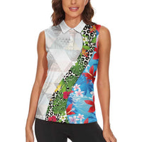 Hawaiian Tropical Flowers and Leaves Women Sleeveless Polo Shirt on Leopard Pattern Half Style White-Blue Version - Polynesian Pride