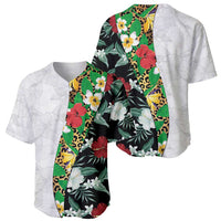 Hawaiian Tropical Flowers and Leaves Baseball Jersey on Leopard Pattern Half Style White-Black Version - Polynesian Pride
