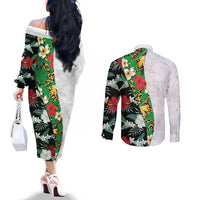 Hawaiian Tropical Flowers and Leaves Couples Matching Off The Shoulder Long Sleeve Dress and Long Sleeve Button Shirt on Leopard Pattern Half Style White-Black Version - Polynesian Pride