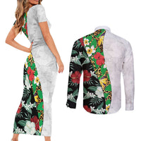 Hawaiian Tropical Flowers and Leaves Couples Matching Short Sleeve Bodycon Dress and Long Sleeve Button Shirt on Leopard Pattern Half Style White-Black Version - Polynesian Pride