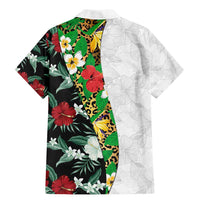 Hawaiian Tropical Flowers and Leaves Family Matching Mermaid Dress and Hawaiian Shirt on Leopard Pattern Half Style White-Black Version - Polynesian Pride