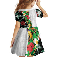 Hawaiian Tropical Flowers and Leaves Family Matching Off Shoulder Maxi Dress and Hawaiian Shirt on Leopard Pattern Half Style White-Black Version - Polynesian Pride