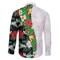 Hawaiian Tropical Flowers and Leaves Family Matching Off Shoulder Maxi Dress and Hawaiian Shirt on Leopard Pattern Half Style White-Black Version - Polynesian Pride