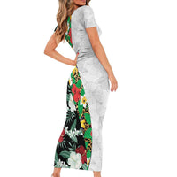 Hawaiian Tropical Flowers and Leaves Family Matching Short Sleeve Bodycon Dress and Hawaiian Shirt on Leopard Pattern Half Style White-Black Version - Polynesian Pride