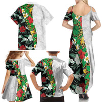 Hawaiian Tropical Flowers and Leaves Family Matching Summer Maxi Dress and Hawaiian Shirt on Leopard Pattern Half Style White-Black Version - Polynesian Pride