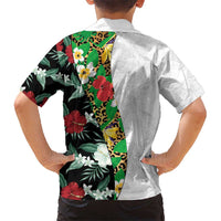 Hawaiian Tropical Flowers and Leaves Kid Hawaiian Shirt on Leopard Pattern Half Style White-Black Version - Polynesian Pride