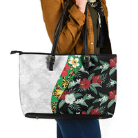 Hawaiian Tropical Flowers and Leaves Leather Tote Bag on Leopard Pattern Half Style White-Black Version - Polynesian Pride