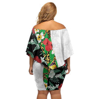 Hawaiian Tropical Flowers and Leaves Off Shoulder Short Dress on Leopard Pattern Half Style White-Black Version - Polynesian Pride