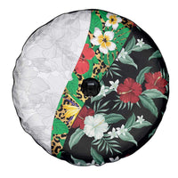 Hawaiian Tropical Flowers and Leaves Spare Tire Cover on Leopard Pattern Half Style White-Black Version - Polynesian Pride