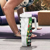 Hawaiian Tropical Flowers and Leaves Tumbler With Handle on Leopard Pattern Half Style White-Black Version - Polynesian Pride
