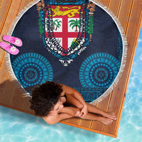 Fiji Coat of Arms Traditional Dashiki Beach Blanket Tapa Art and Palm Leaves Pattern Dark Navy Color - Polynesian Pride