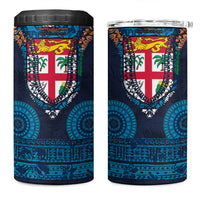 Fiji Coat of Arms Traditional Dashiki 4 in 1 Can Cooler Tumbler Tapa Art and Palm Leaves Pattern Dark Navy Color - Polynesian Pride