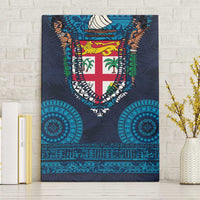 Fiji Coat of Arms Traditional Dashiki Canvas Wall Art Tapa Art and Palm Leaves Pattern Dark Navy Color - Polynesian Pride