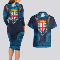 Fiji Coat of Arms Traditional Dashiki Couples Matching Long Sleeve Bodycon Dress and Hawaiian Shirt Tapa Art and Palm Leaves Pattern Dark Navy Color - Polynesian Pride