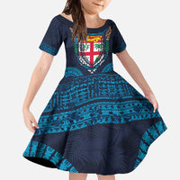 Fiji Coat of Arms Traditional Dashiki Family Matching Mermaid Dress and Hawaiian Shirt Tapa Art and Palm Leaves Pattern Dark Navy Color - Polynesian Pride