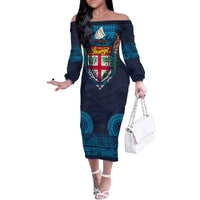 Fiji Coat of Arms Traditional Dashiki Family Matching Off The Shoulder Long Sleeve Dress and Hawaiian Shirt Tapa Art and Palm Leaves Pattern Dark Navy Color - Polynesian Pride