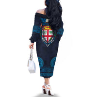 Fiji Coat of Arms Traditional Dashiki Family Matching Off The Shoulder Long Sleeve Dress and Hawaiian Shirt Tapa Art and Palm Leaves Pattern Dark Navy Color - Polynesian Pride