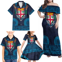 Fiji Coat of Arms Traditional Dashiki Family Matching Off Shoulder Maxi Dress and Hawaiian Shirt Tapa Art and Palm Leaves Pattern Dark Navy Color - Polynesian Pride