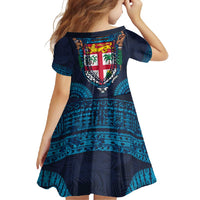 Fiji Coat of Arms Traditional Dashiki Family Matching Short Sleeve Bodycon Dress and Hawaiian Shirt Tapa Art and Palm Leaves Pattern Dark Navy Color - Polynesian Pride