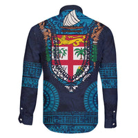 Fiji Coat of Arms Traditional Dashiki Family Matching Short Sleeve Bodycon Dress and Hawaiian Shirt Tapa Art and Palm Leaves Pattern Dark Navy Color - Polynesian Pride