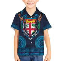 Fiji Coat of Arms Traditional Dashiki Family Matching Tank Maxi Dress and Hawaiian Shirt Tapa Art and Palm Leaves Pattern Dark Navy Color LT03 Son's Shirt Navy - Polynesian Pride