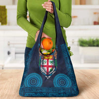 Fiji Coat of Arms Traditional Dashiki Grocery Bag Tapa Art and Palm Leaves Pattern Dark Navy Color - Polynesian Pride