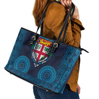 Fiji Coat of Arms Traditional Dashiki Leather Tote Bag Tapa Art and Palm Leaves Pattern Dark Navy Color - Polynesian Pride