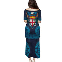 Fiji Coat of Arms Traditional Dashiki Puletasi Tapa Art and Palm Leaves Pattern Dark Navy Color - Polynesian Pride