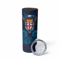 Fiji Coat of Arms Traditional Dashiki Skinny Tumbler Tapa Art and Palm Leaves Pattern Dark Navy Color - Polynesian Pride