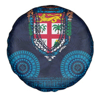 Fiji Coat of Arms Traditional Dashiki Spare Tire Cover Tapa Art and Palm Leaves Pattern Dark Navy Color - Polynesian Pride