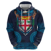 Fiji Coat of Arms Traditional Dashiki Zip Hoodie Tapa Art and Palm Leaves Pattern Dark Navy Color - Polynesian Pride