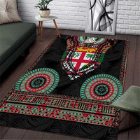 Fiji Coat of Arms Traditional Dashiki Area Rug Tapa Art and Palm Leaves Pattern Black Color - Polynesian Pride