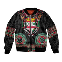 Fiji Coat of Arms Traditional Dashiki Bomber Jacket Tapa Art and Palm Leaves Pattern Black Color - Polynesian Pride