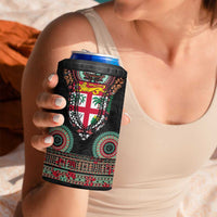 Fiji Coat of Arms Traditional Dashiki 4 in 1 Can Cooler Tumbler Tapa Art and Palm Leaves Pattern Black Color - Polynesian Pride