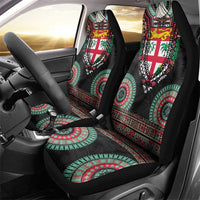 Fiji Coat of Arms Traditional Dashiki Car Seat Cover Tapa Art and Palm Leaves Pattern Black Color - Polynesian Pride
