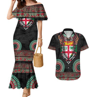 Fiji Coat of Arms Traditional Dashiki Couples Matching Mermaid Dress and Hawaiian Shirt Tapa Art and Palm Leaves Pattern Black Color - Polynesian Pride