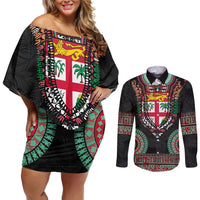 Fiji Coat of Arms Traditional Dashiki Couples Matching Off Shoulder Short Dress and Long Sleeve Button Shirt Tapa Art and Palm Leaves Pattern Black Color - Polynesian Pride