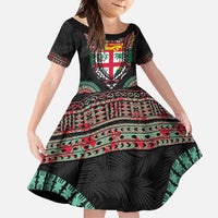 Fiji Coat of Arms Traditional Dashiki Family Matching Long Sleeve Bodycon Dress and Hawaiian Shirt Tapa Art and Palm Leaves Pattern Black Color LT03 Daughter's Dress Black - Polynesian Pride