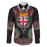 Fiji Coat of Arms Traditional Dashiki Family Matching Long Sleeve Bodycon Dress and Hawaiian Shirt Tapa Art and Palm Leaves Pattern Black Color LT03 Dad's Shirt - Long Sleeve Black - Polynesian Pride