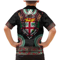 Fiji Coat of Arms Traditional Dashiki Family Matching Mermaid Dress and Hawaiian Shirt Tapa Art and Palm Leaves Pattern Black Color - Polynesian Pride