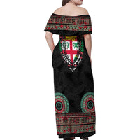 Fiji Coat of Arms Traditional Dashiki Family Matching Off Shoulder Maxi Dress and Hawaiian Shirt Tapa Art and Palm Leaves Pattern Black Color - Polynesian Pride