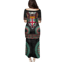 Fiji Coat of Arms Traditional Dashiki Family Matching Puletasi and Hawaiian Shirt Tapa Art and Palm Leaves Pattern Black Color - Polynesian Pride