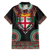 Fiji Coat of Arms Traditional Dashiki Hawaiian Shirt Tapa Art and Palm Leaves Pattern Black Color - Polynesian Pride
